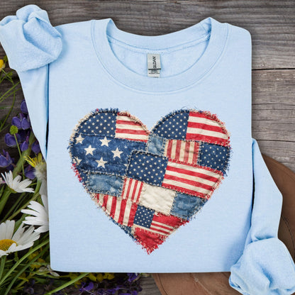 Patriotic Faux Patchwork Flag Heart Sweatshirt