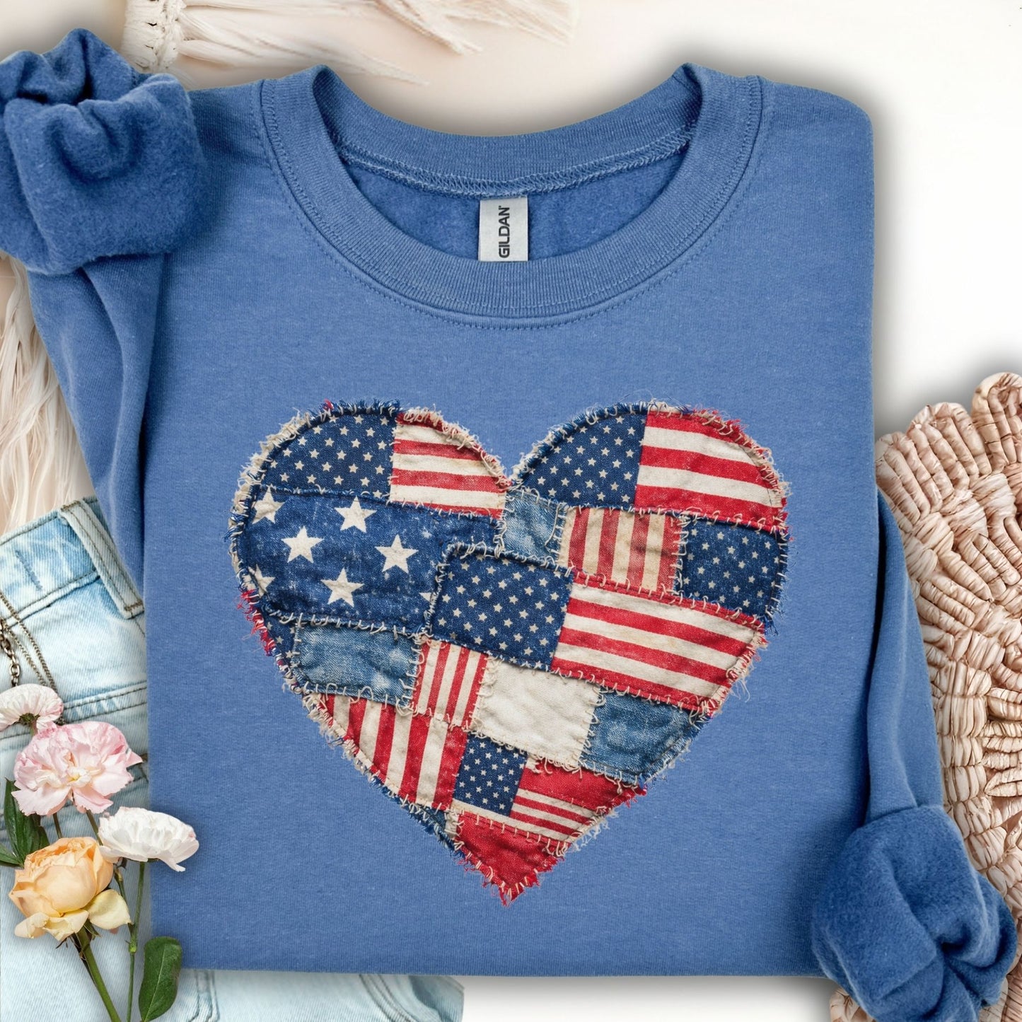 Patriotic Faux Patchwork Flag Heart Sweatshirt
