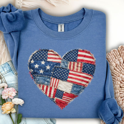 Patriotic Faux Patchwork Flag Heart Sweatshirt