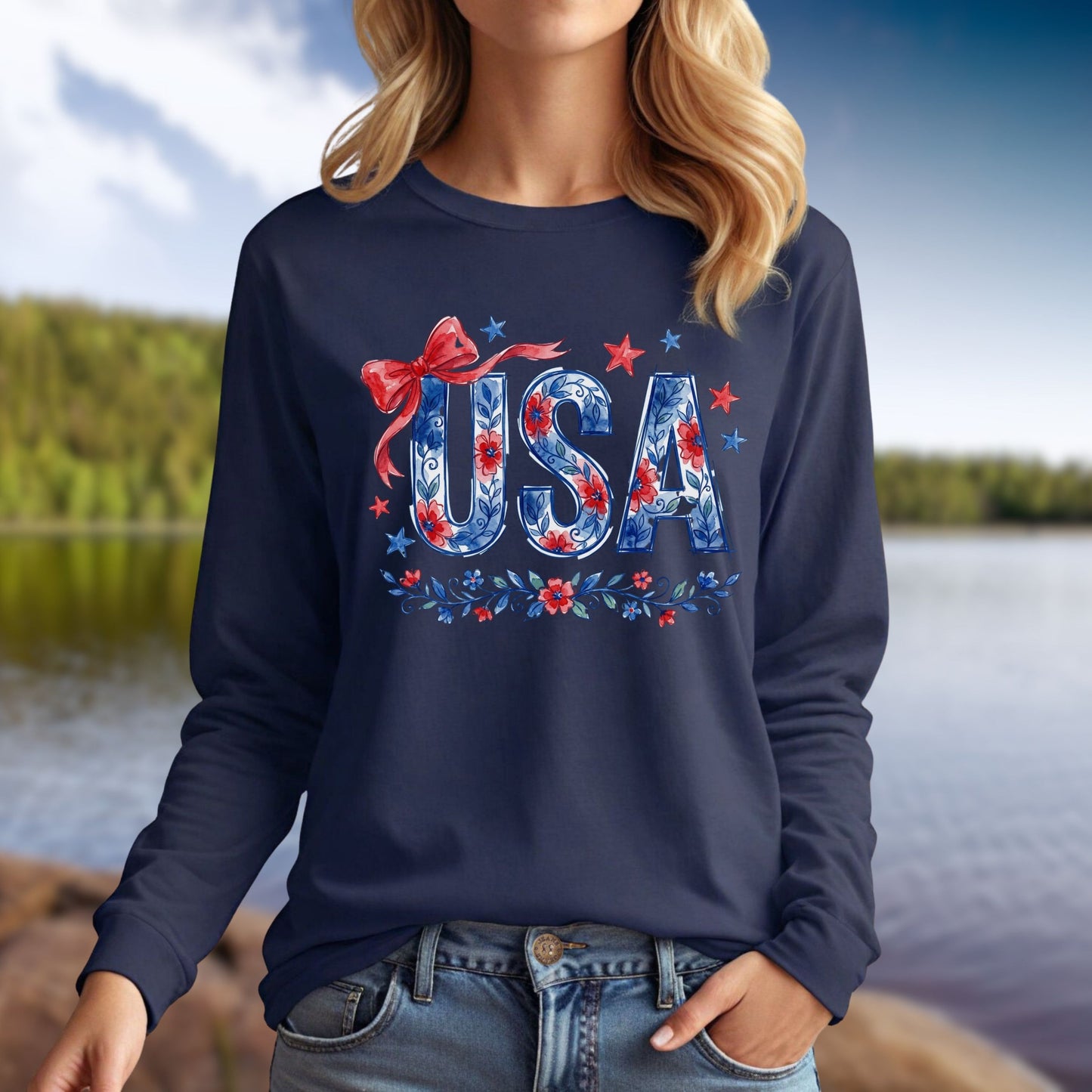 USA Floral Flag Long Sleeve Tee