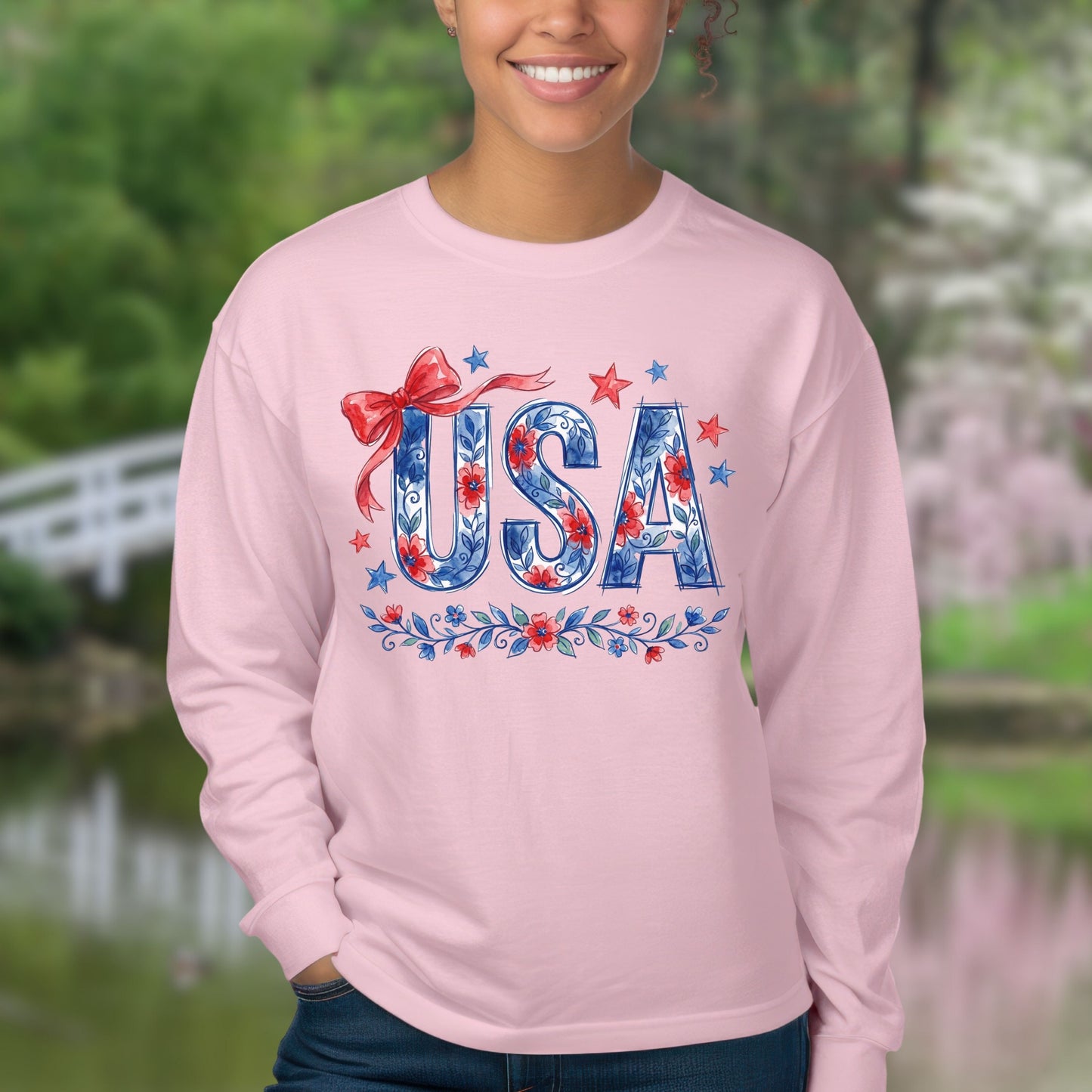 USA Floral Flag Long Sleeve Tee