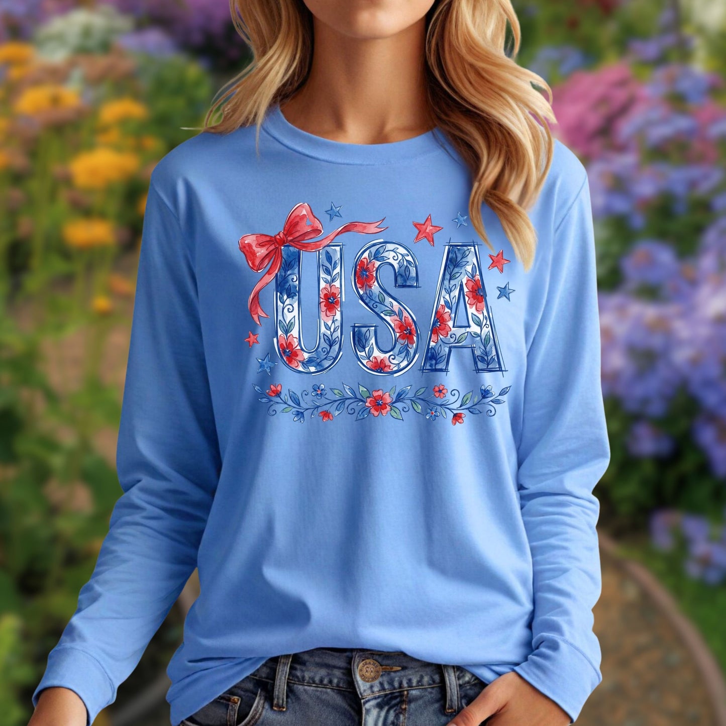 USA Floral Flag Long Sleeve Tee