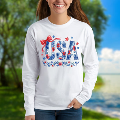 USA Floral Flag Long Sleeve Tee