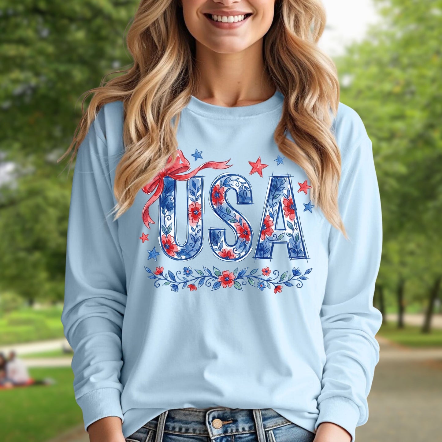 USA Floral Flag Long Sleeve Tee