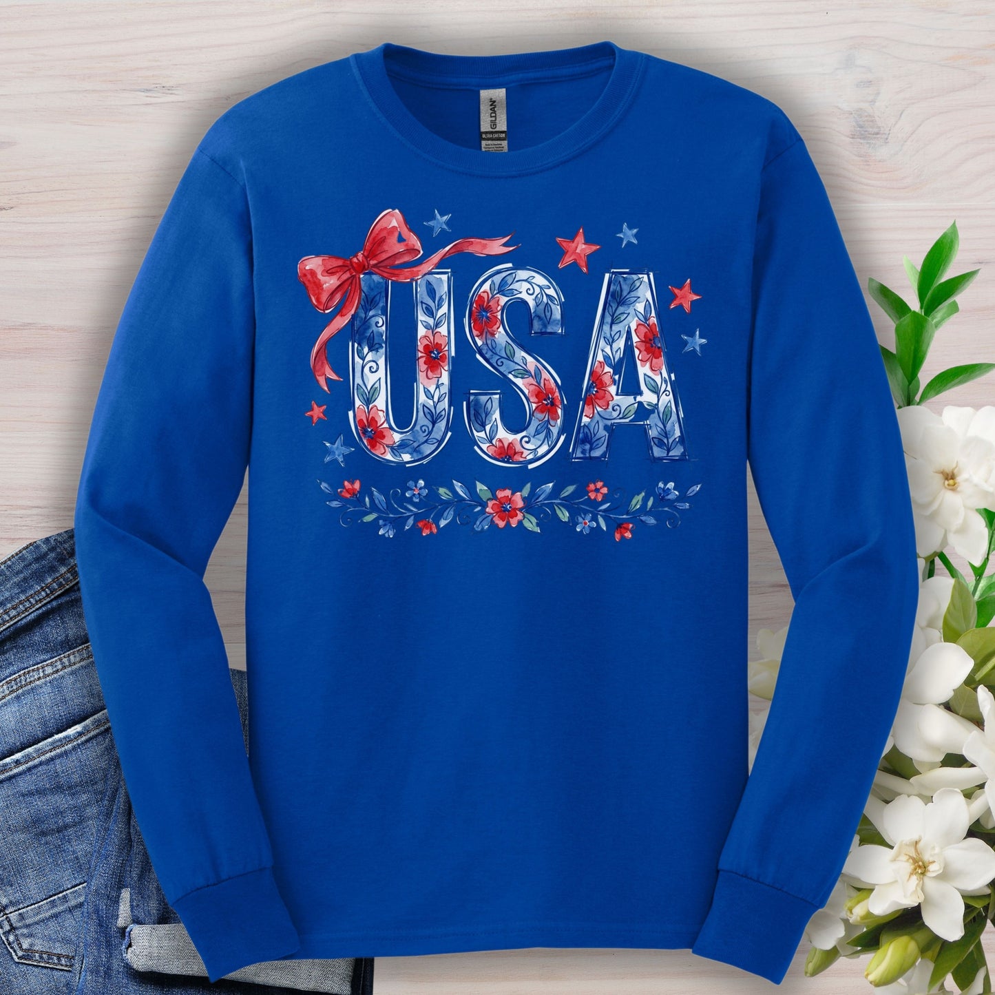 USA Floral Flag Long Sleeve Tee