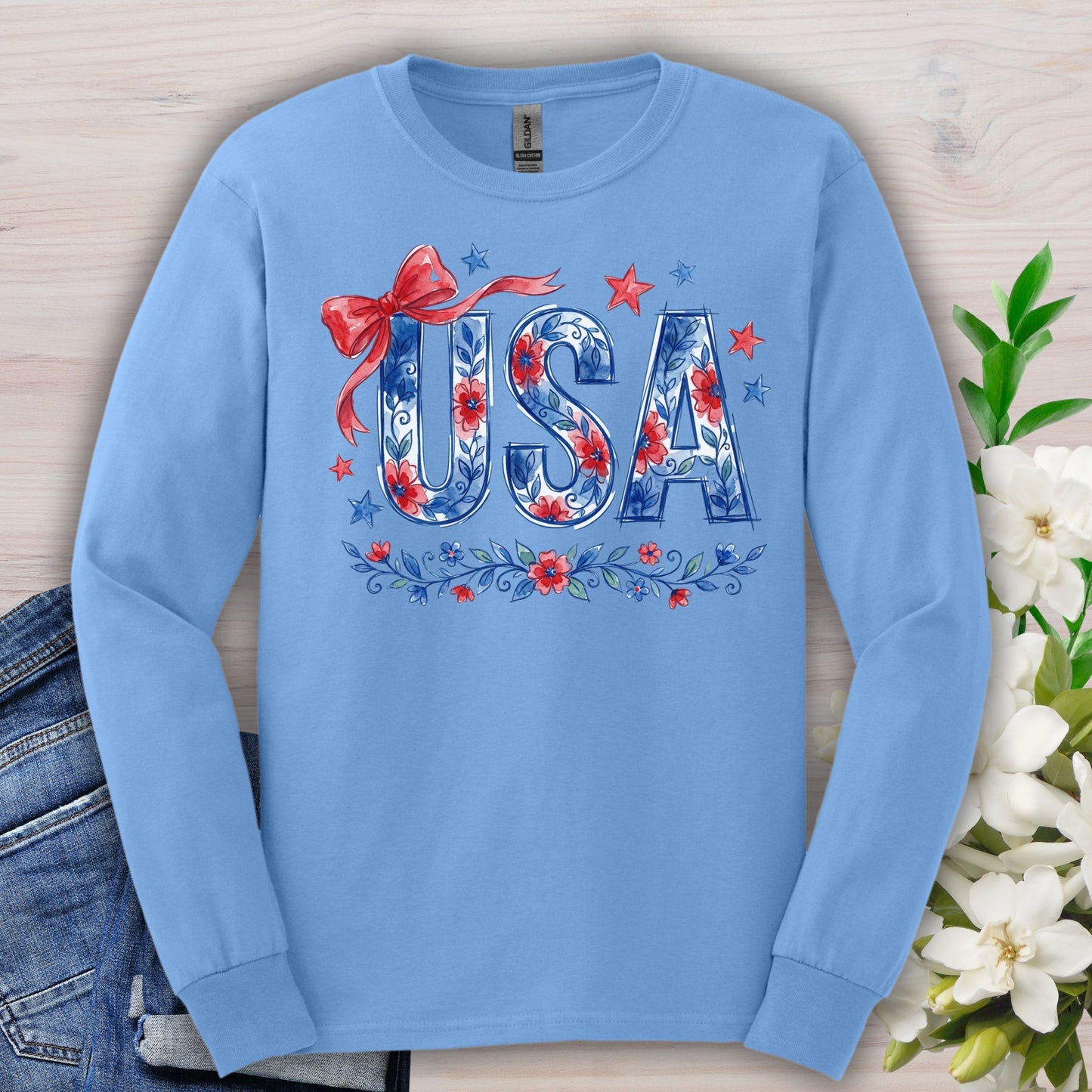 USA Floral Flag Long Sleeve Tee