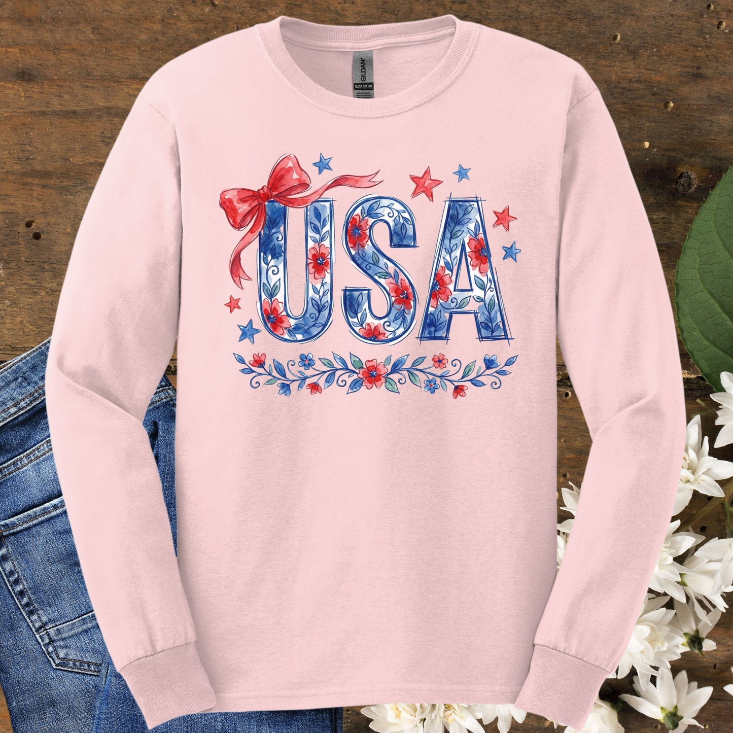 USA Floral Flag Long Sleeve Tee