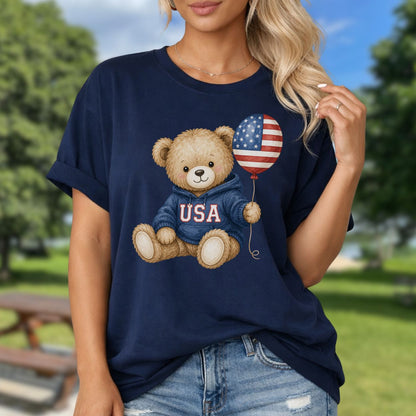 USA Teddy Bear with Flag Balloon T-Shirt