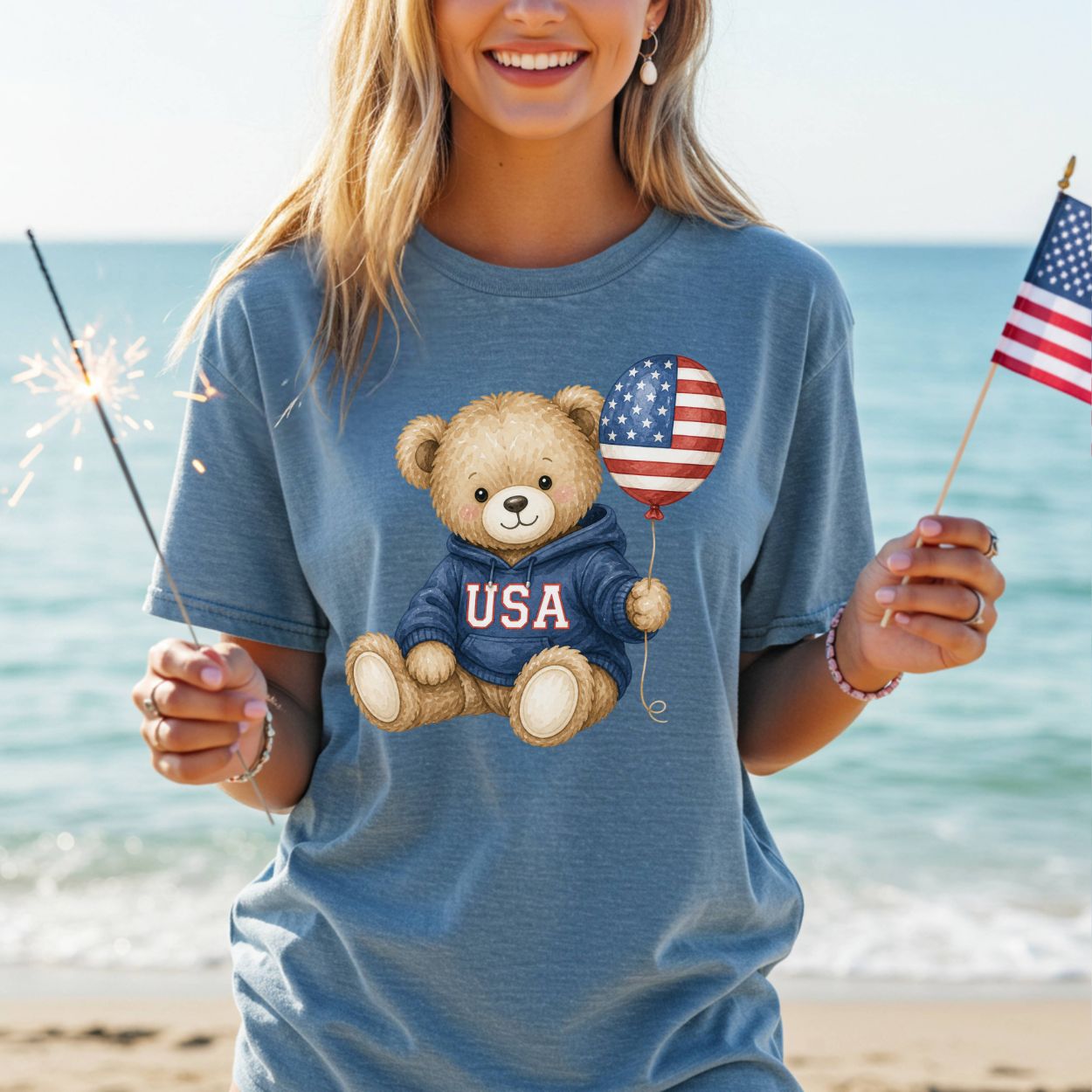 USA Teddy Bear with Flag Balloon T-Shirt
