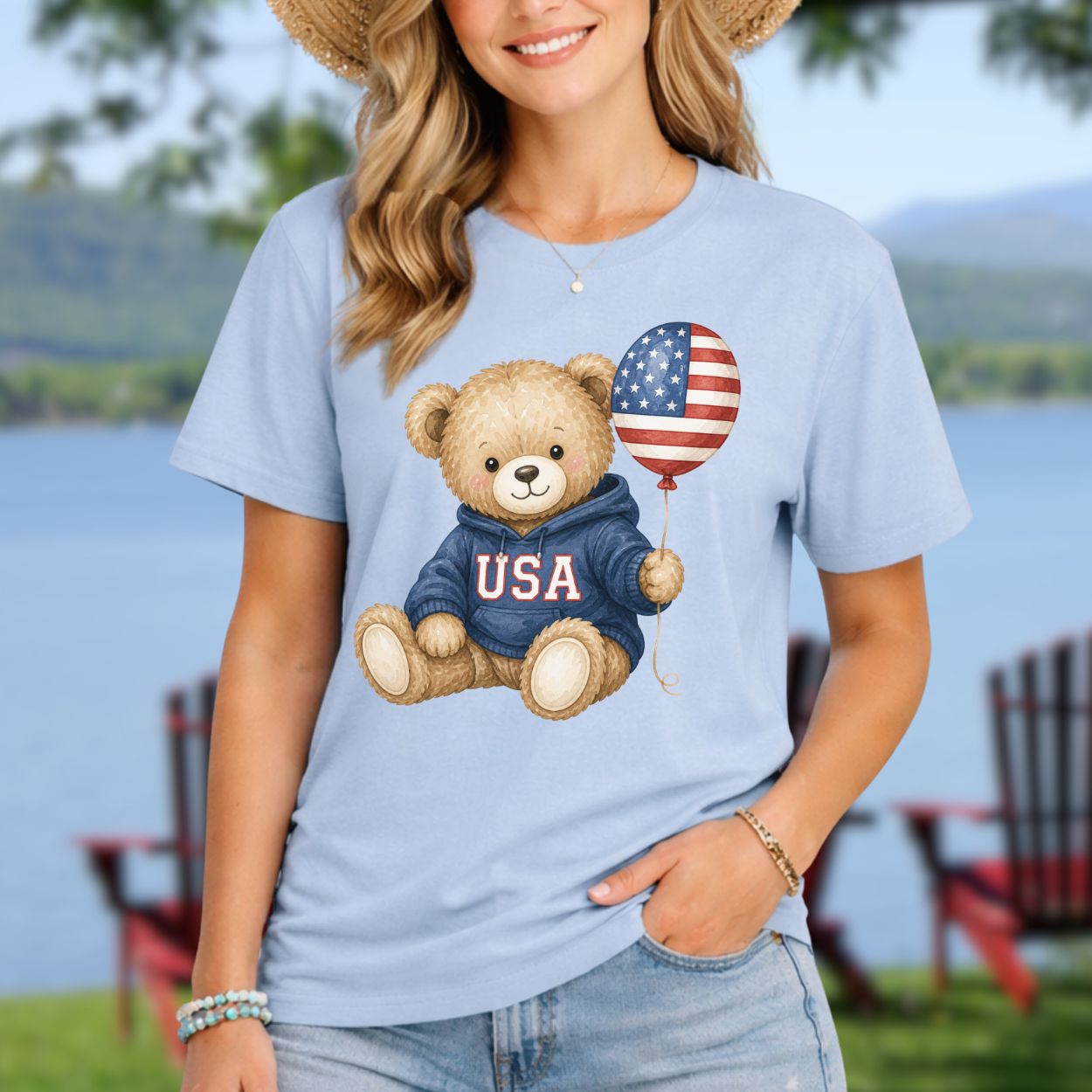 USA Teddy Bear with Flag Balloon T-Shirt