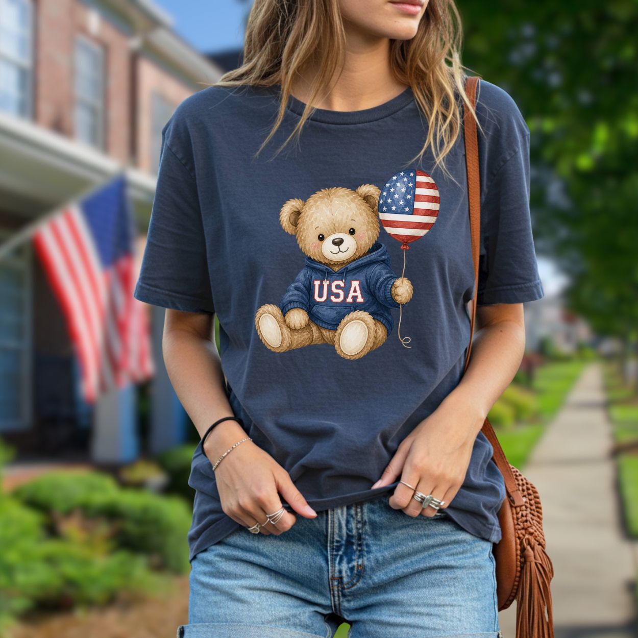 USA Teddy Bear with Flag Balloon T-Shirt