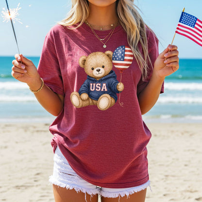 USA Teddy Bear with Flag Balloon T-Shirt