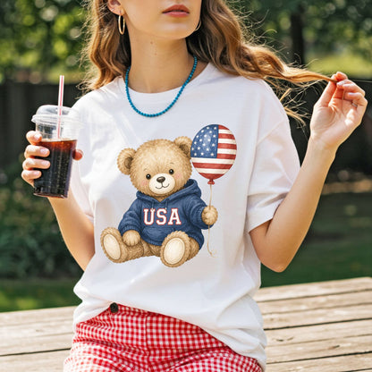 USA Teddy Bear with Flag Balloon T-Shirt