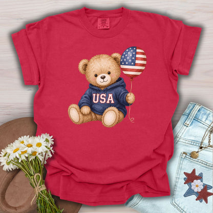 USA Teddy Bear with Flag Balloon T-Shirt