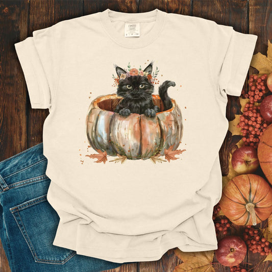 Black Boho Kitten in Pumpkin Halloween T-Shirt