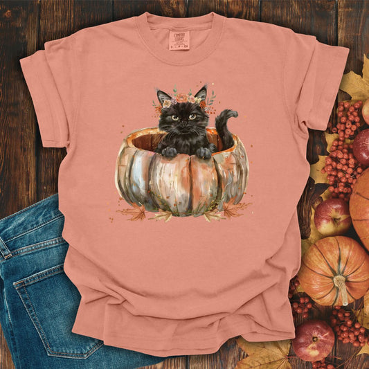 Black Boho Kitten in Pumpkin Halloween T-Shirt