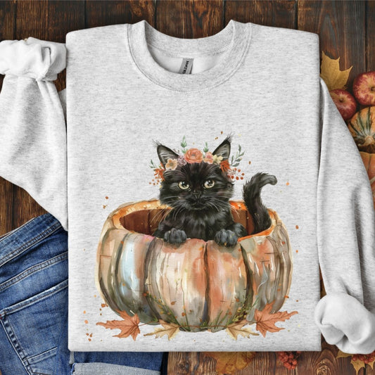 Black Boho Kitten in Pumpkin Halloween Sweatshirt