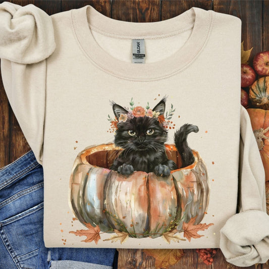 Black Boho Kitten in Pumpkin Halloween Sweatshirt