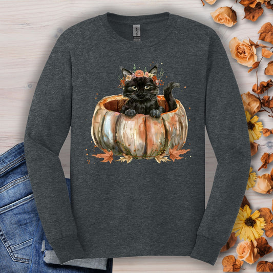 Black Boho Kitten in Pumpkin Halloween Long Sleeve Tee