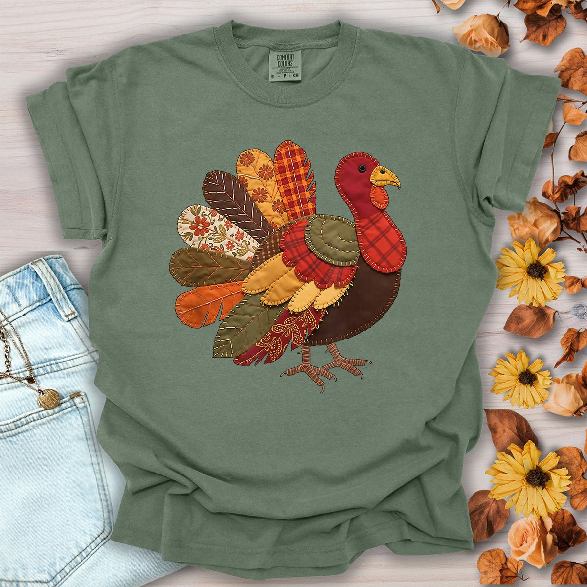 Faux Patchwork Thanksgiving Turkey T-Shirt