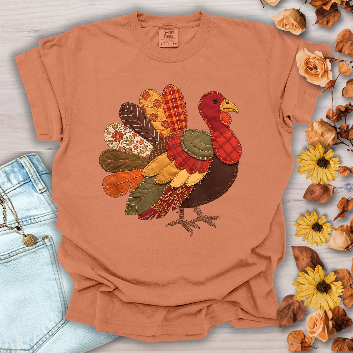 Faux Patchwork Thanksgiving Turkey T-Shirt