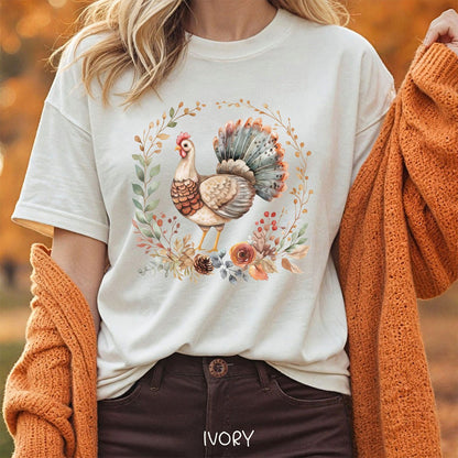 Thanksgiving Turkey & Floral Wreath T-Shirt