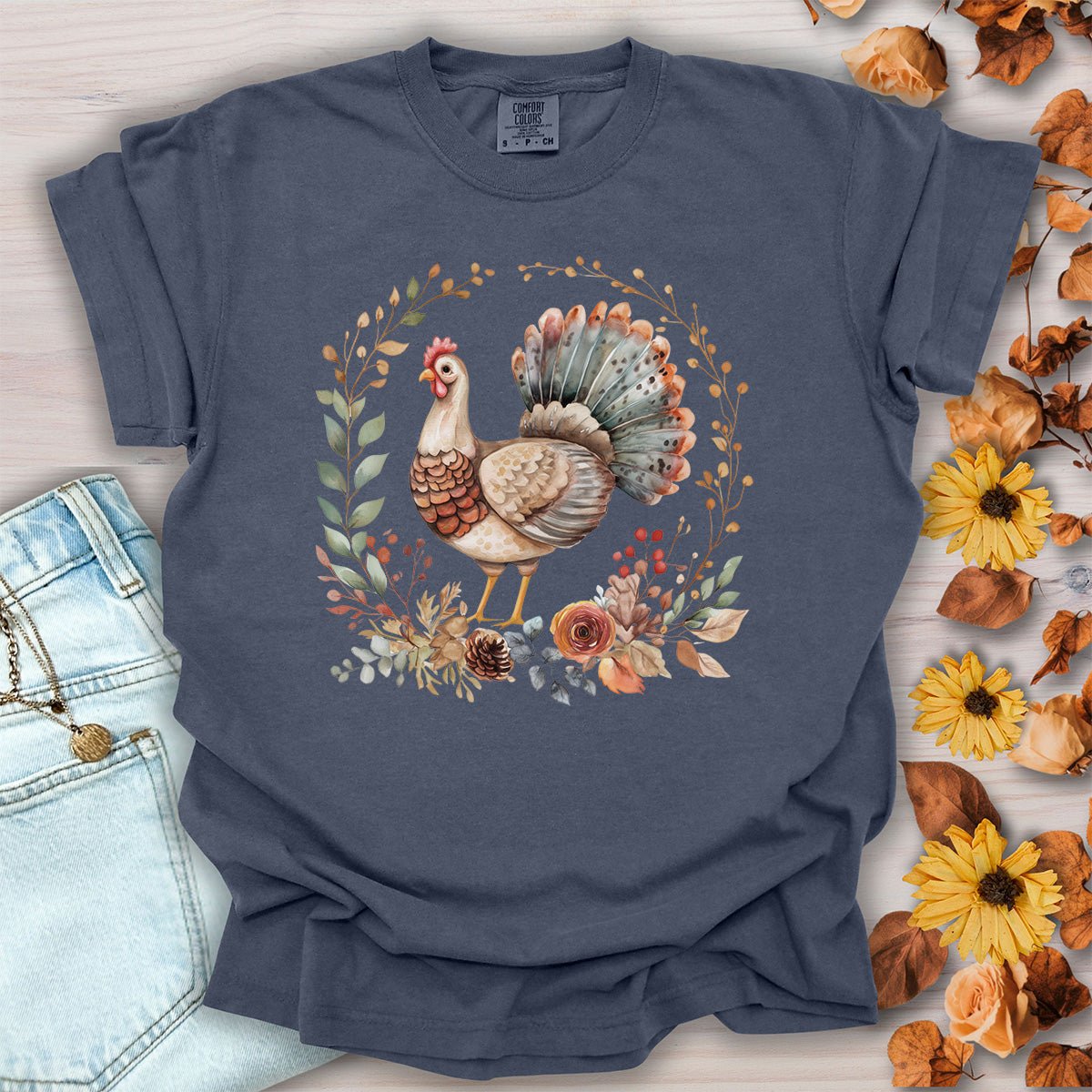 Thanksgiving Turkey & Floral Wreath T-Shirt