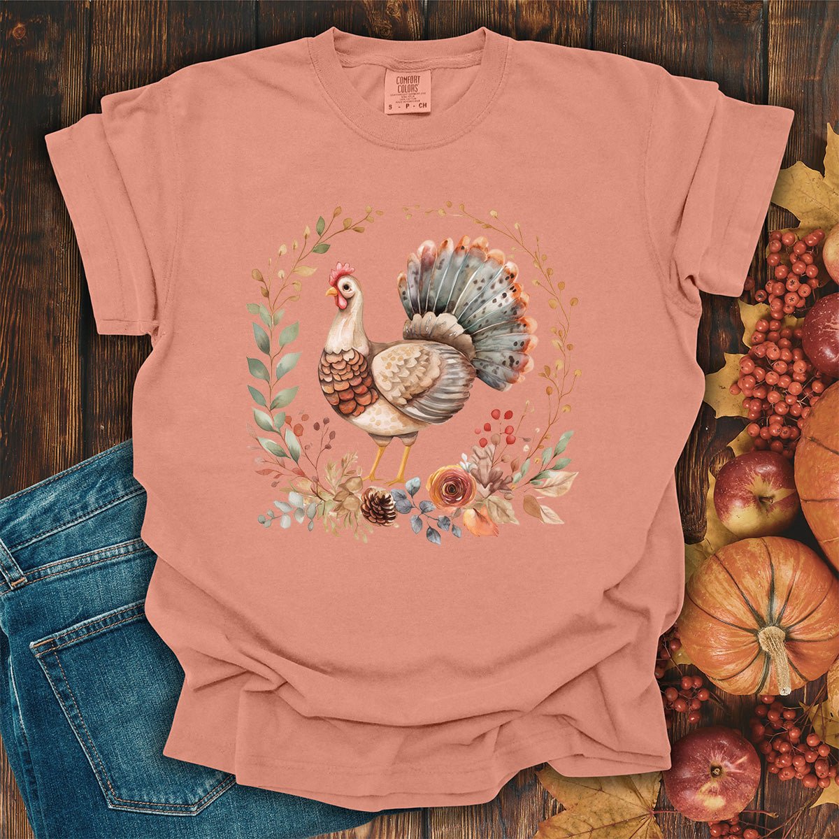 Thanksgiving Turkey & Floral Wreath T-Shirt