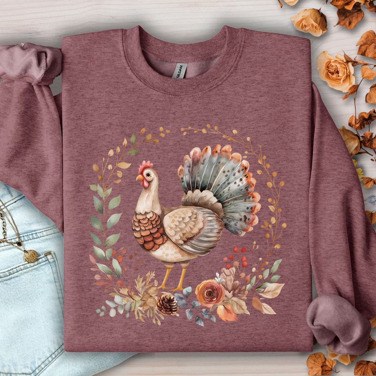 Thanksgiving Turkey & Floral Wreath Sweatshirt