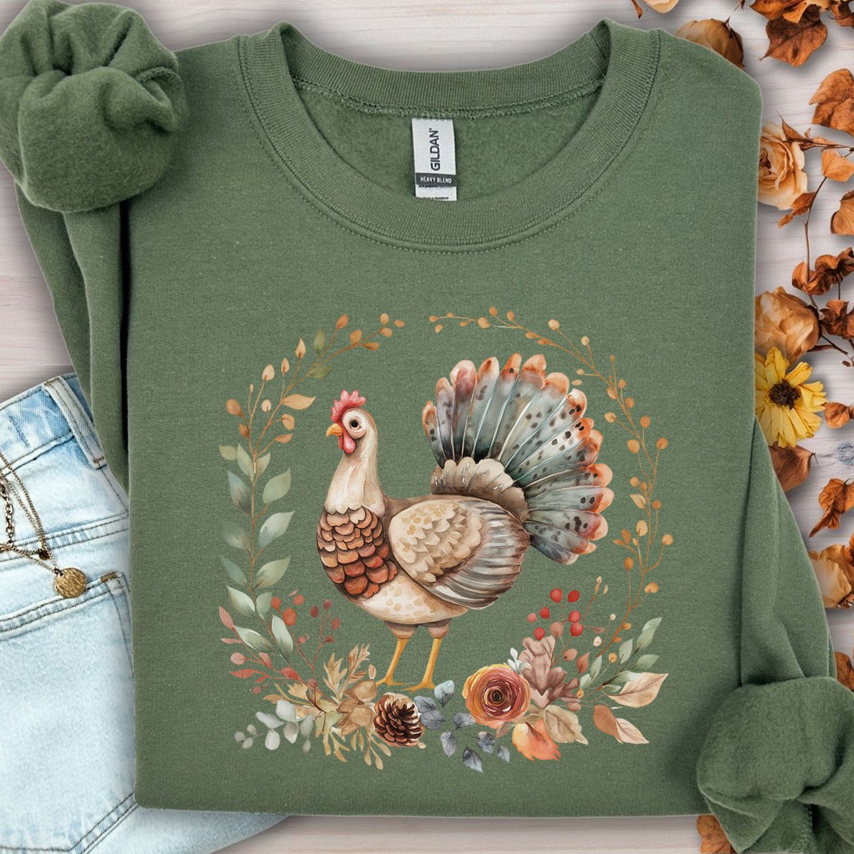 Thanksgiving Turkey & Floral Wreath Sweatshirt