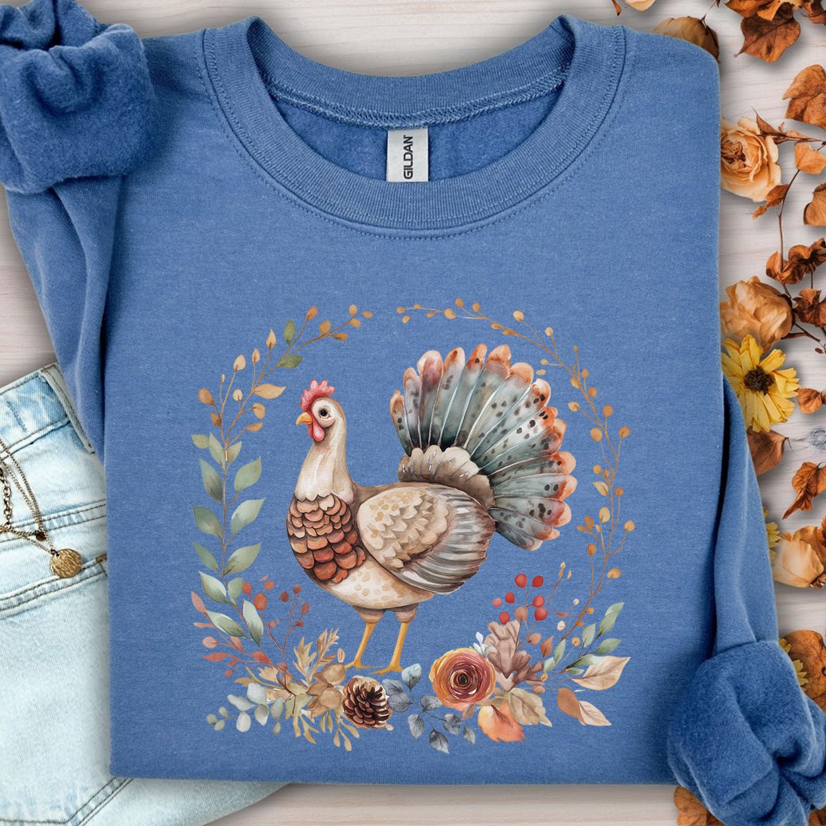 Thanksgiving Turkey & Floral Wreath Sweatshirt