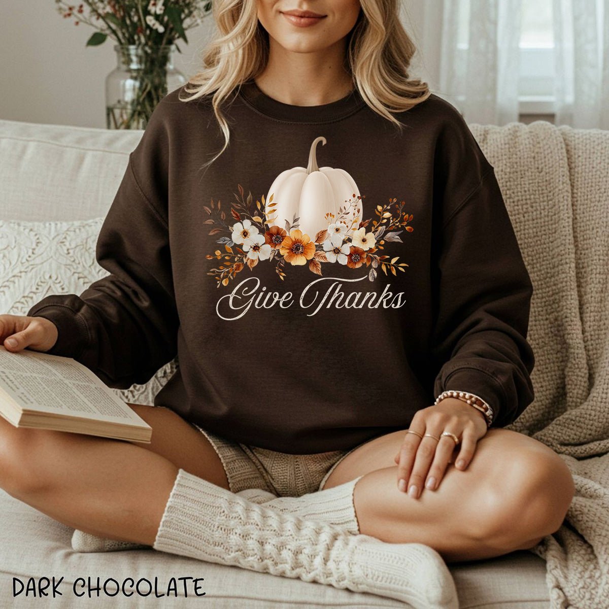 Give Thanks White Floral Pumpkin Sweatshirt