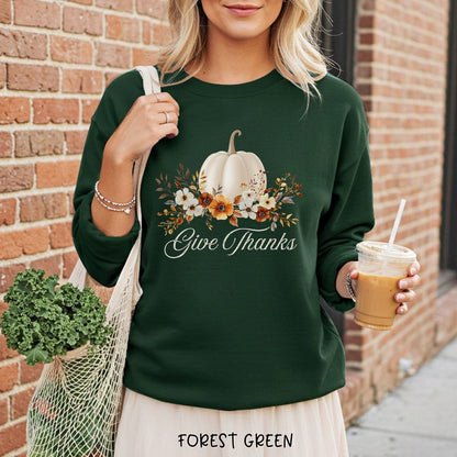 Give Thanks White Floral Pumpkin Sweatshirt