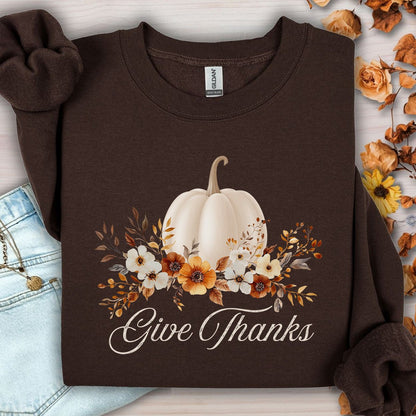 Give Thanks White Floral Pumpkin Sweatshirt