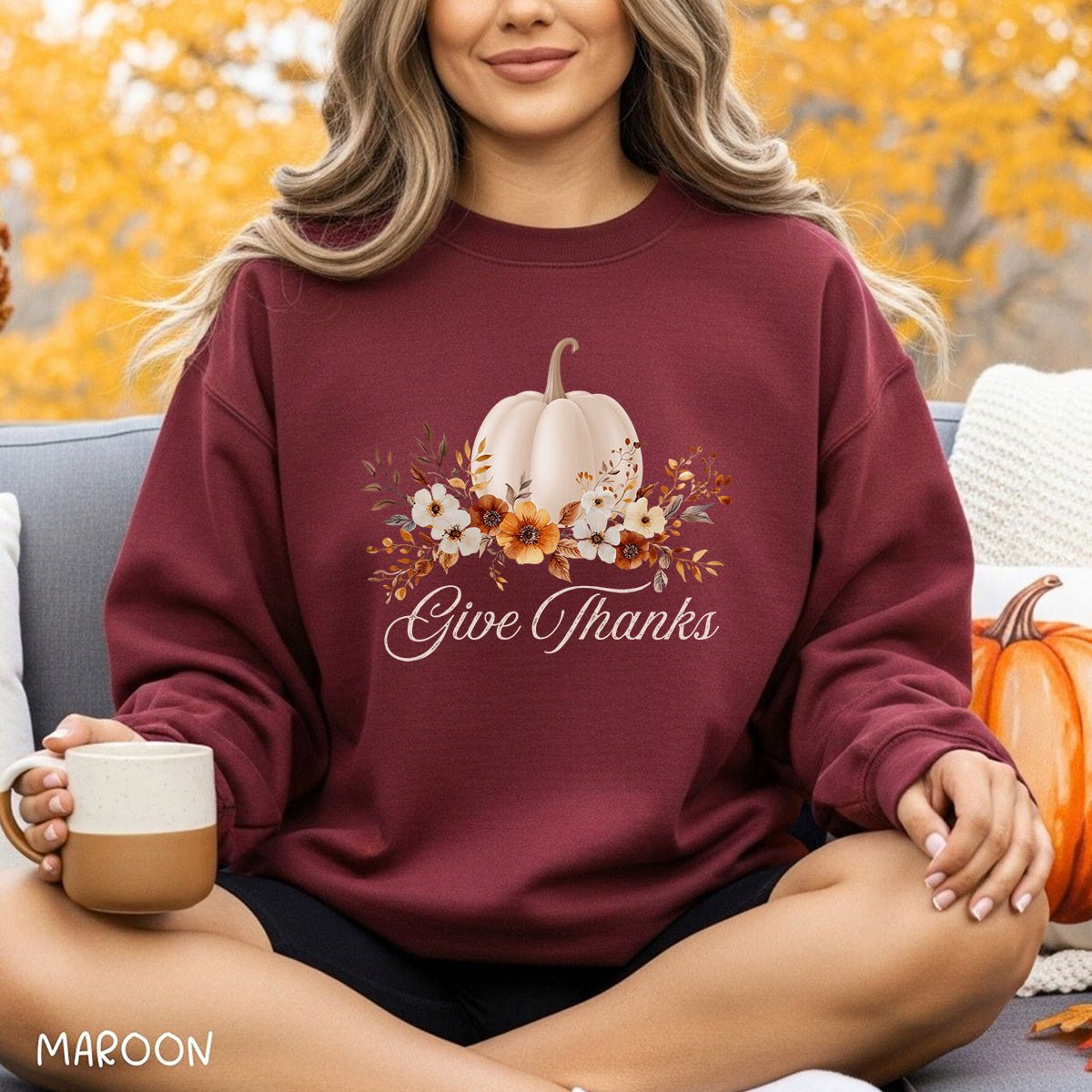 Give Thanks White Floral Pumpkin Sweatshirt