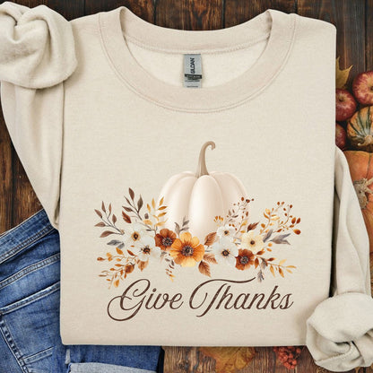 Give Thanks White Floral Pumpkin Sweatshirt