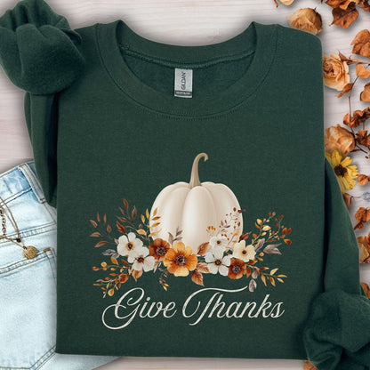 Give Thanks White Floral Pumpkin Sweatshirt