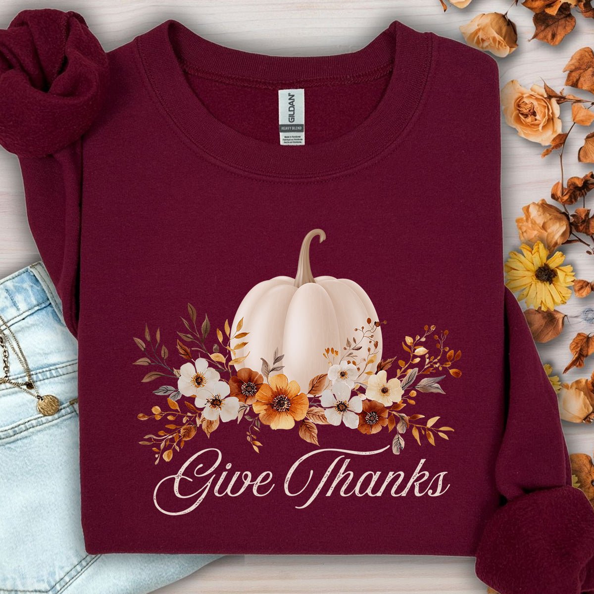 Give Thanks White Floral Pumpkin Sweatshirt