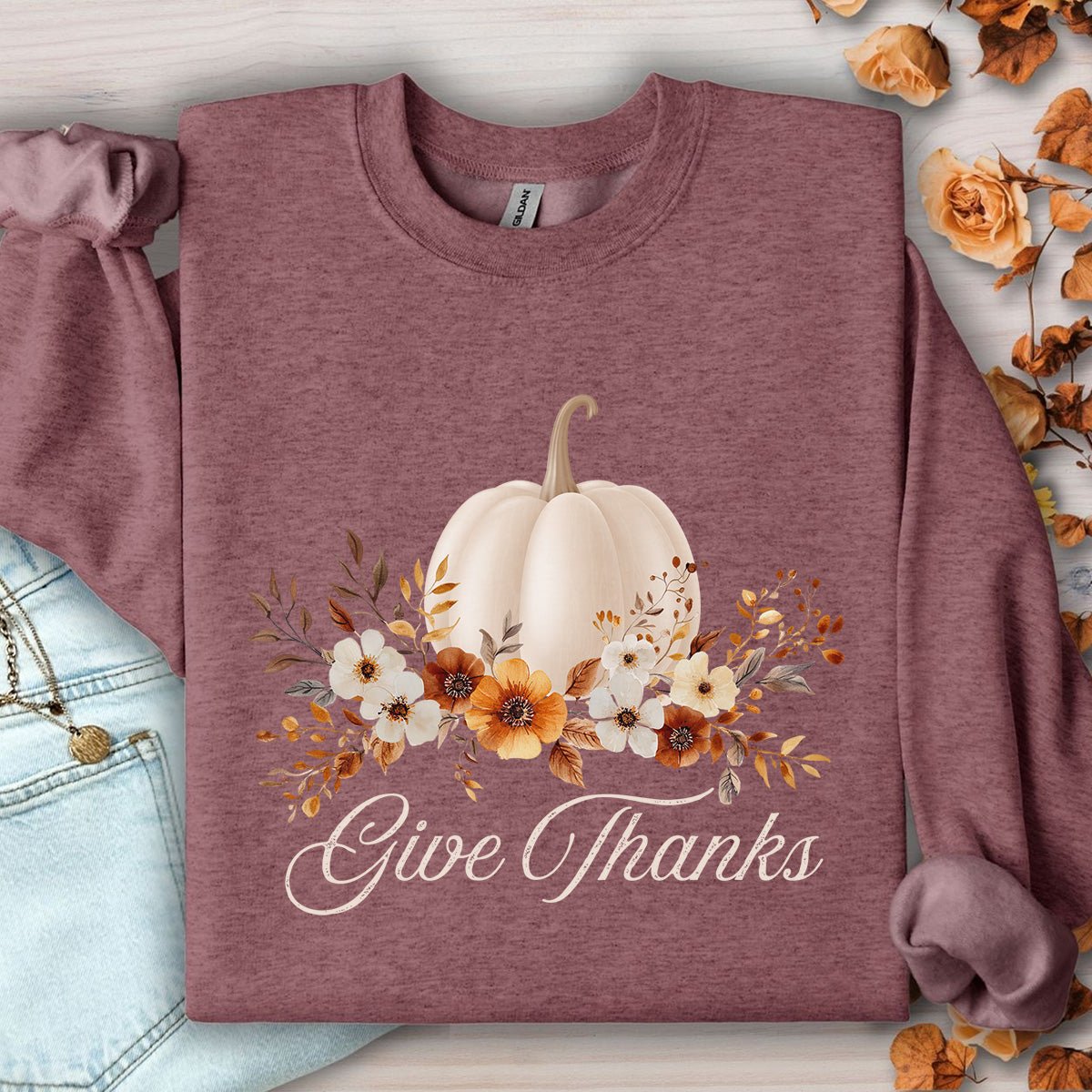 Give Thanks White Floral Pumpkin Sweatshirt