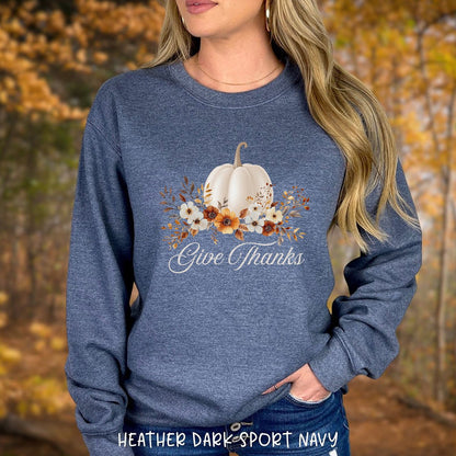 Give Thanks White Floral Pumpkin Sweatshirt