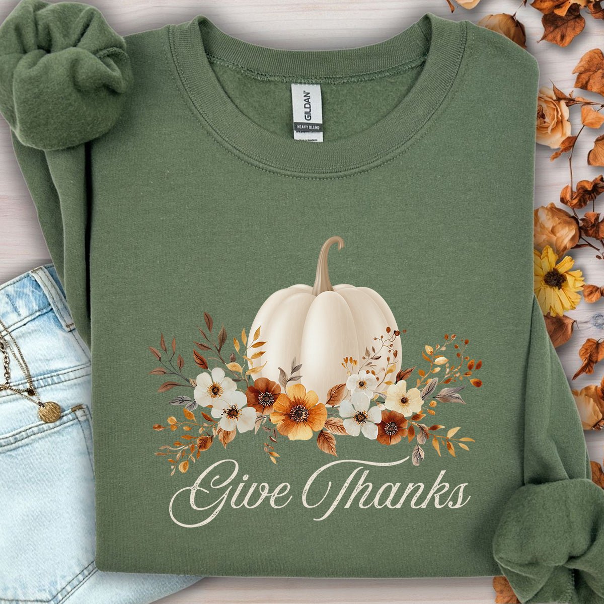 Give Thanks White Floral Pumpkin Sweatshirt