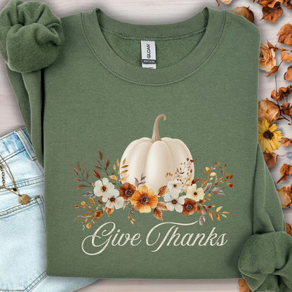 Give Thanks White Floral Pumpkin Sweatshirt