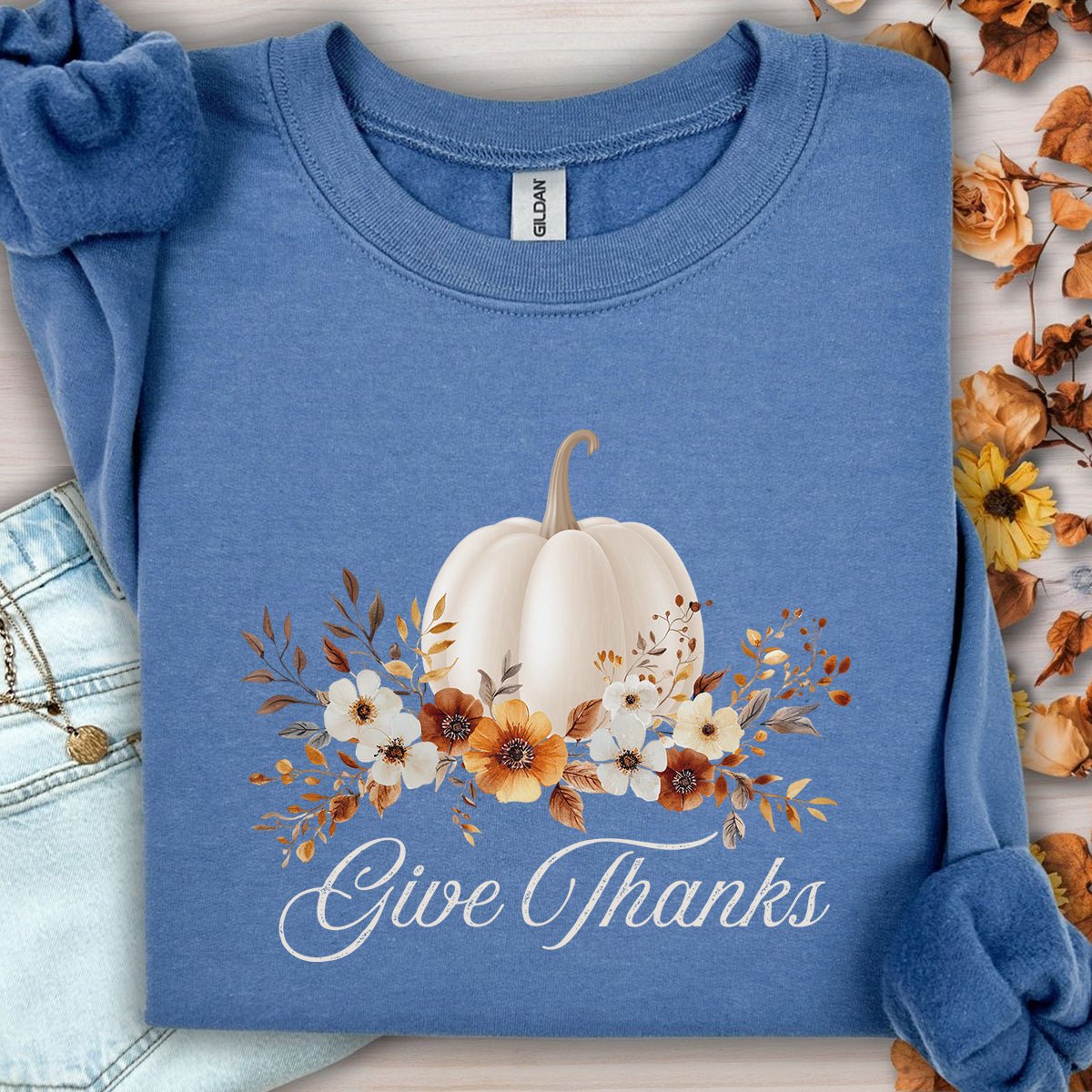 Give Thanks White Floral Pumpkin Sweatshirt