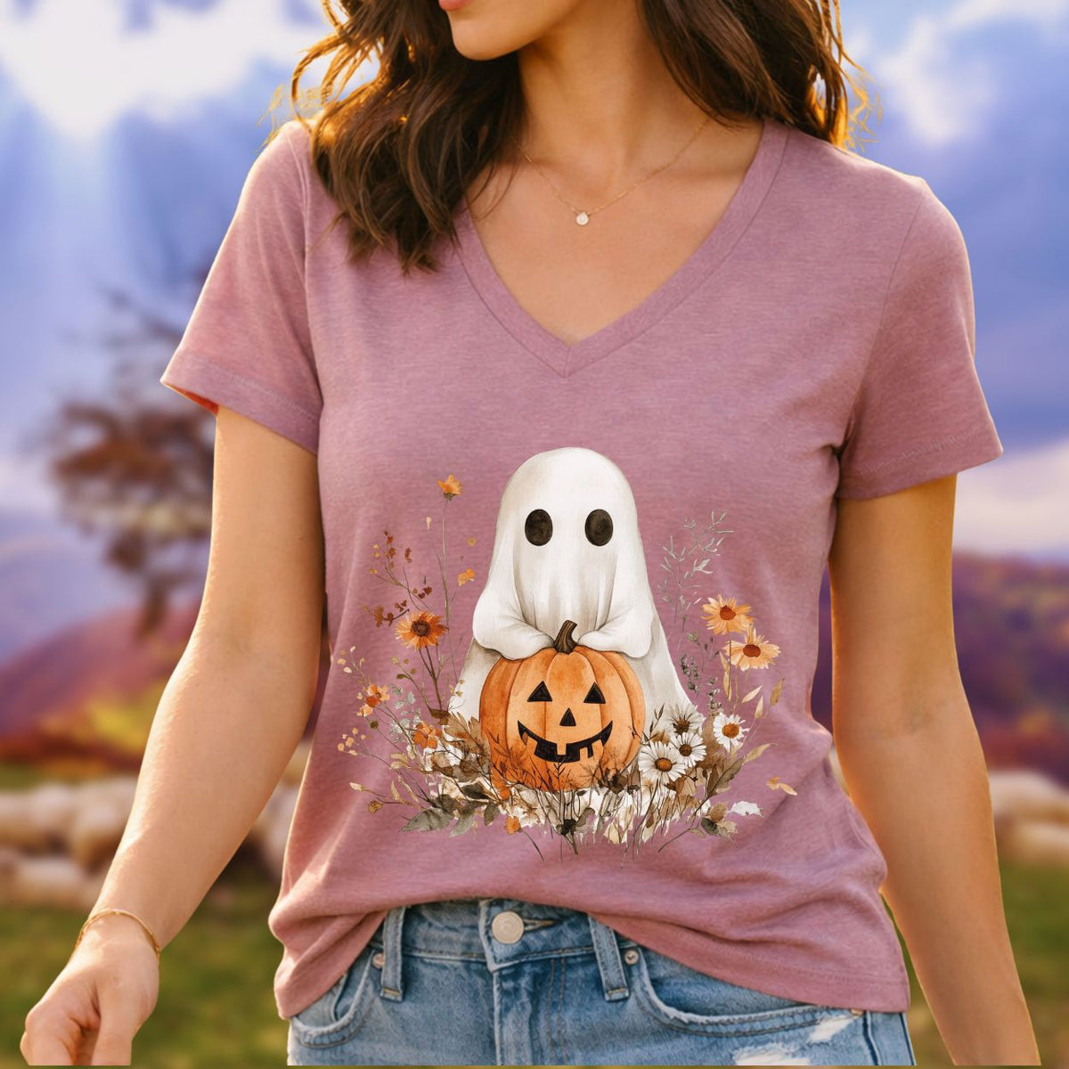 Boho Ghost & Jack-O'-Lantern V-Neck Tee