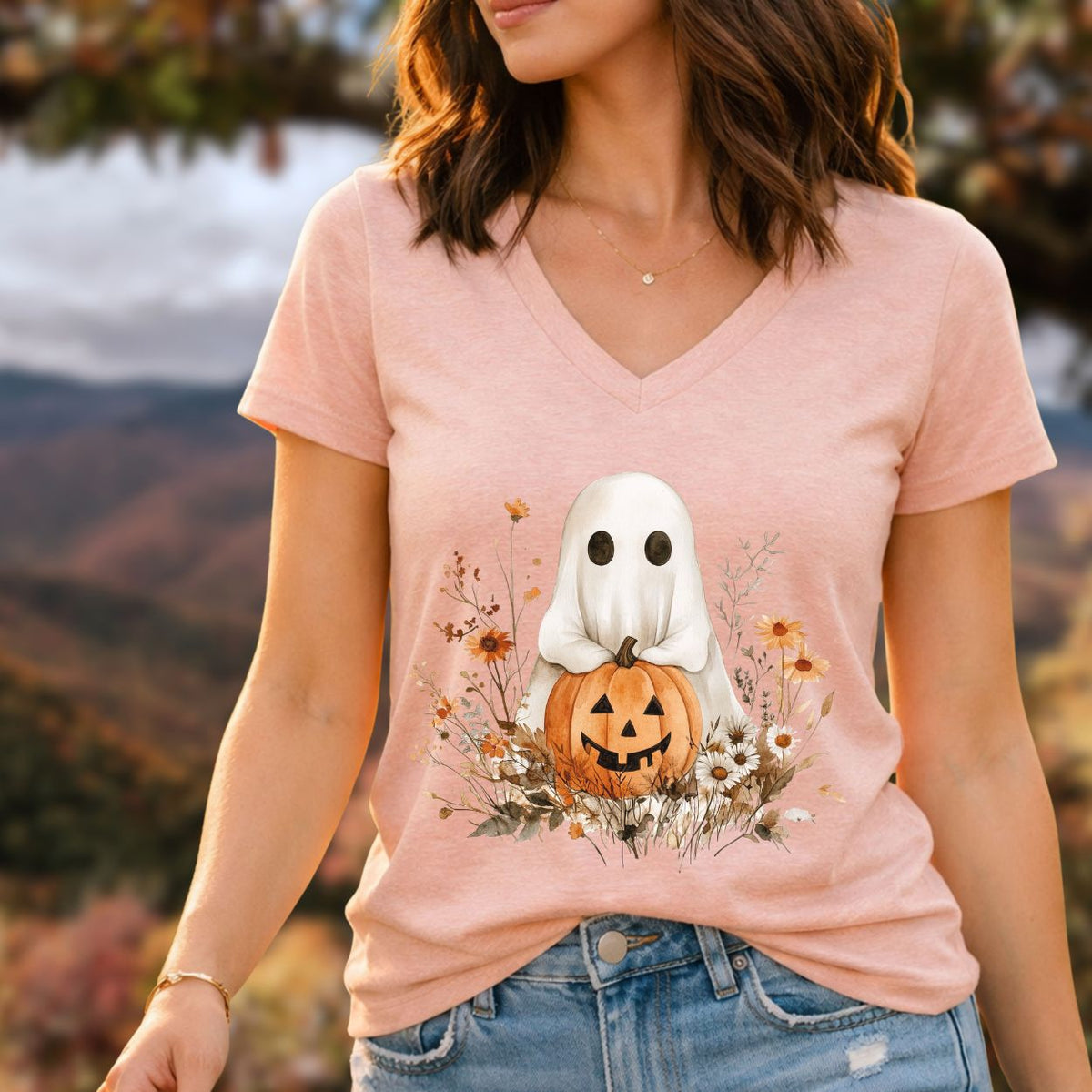 Boho Ghost & Jack-O'-Lantern V-Neck Tee