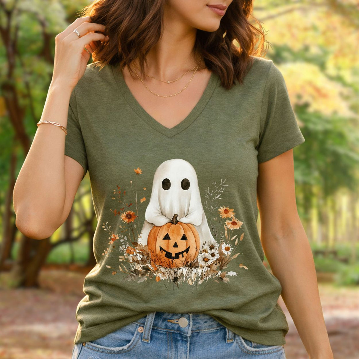 Boho Ghost & Jack-O'-Lantern V-Neck Tee