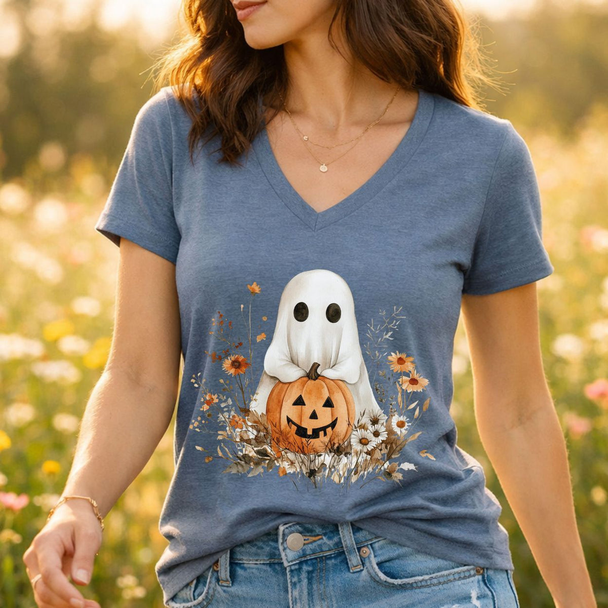 Boho Ghost & Jack-O'-Lantern V-Neck Tee