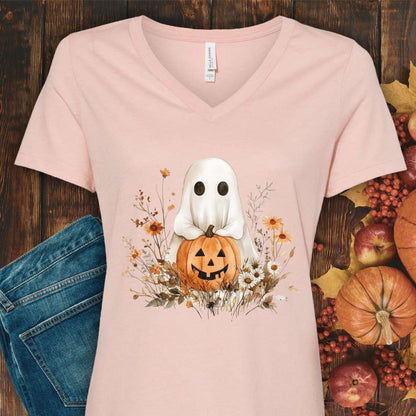 Boho Ghost & Jack-O'-Lantern V-Neck Tee