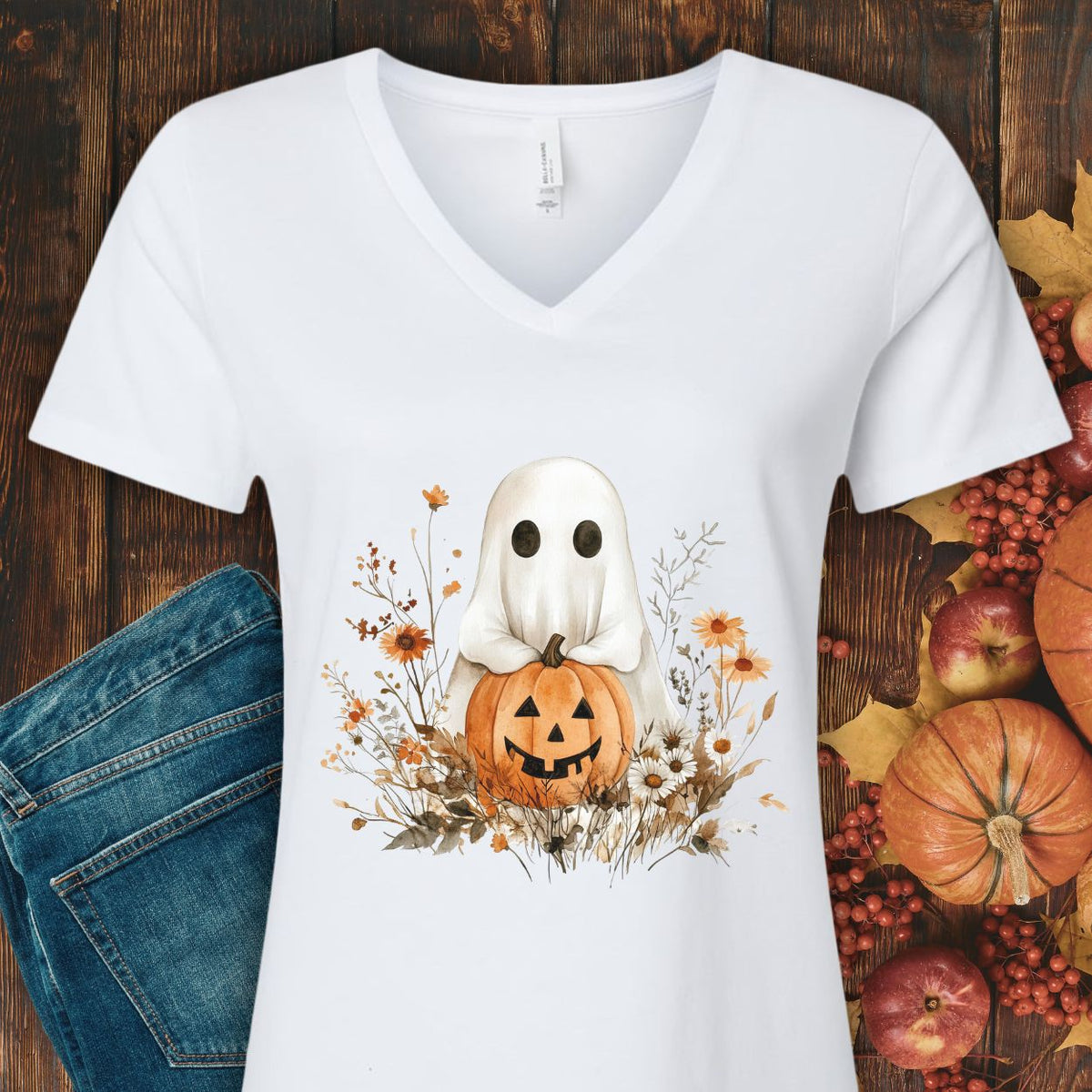 Boho Ghost & Jack-O'-Lantern V-Neck Tee