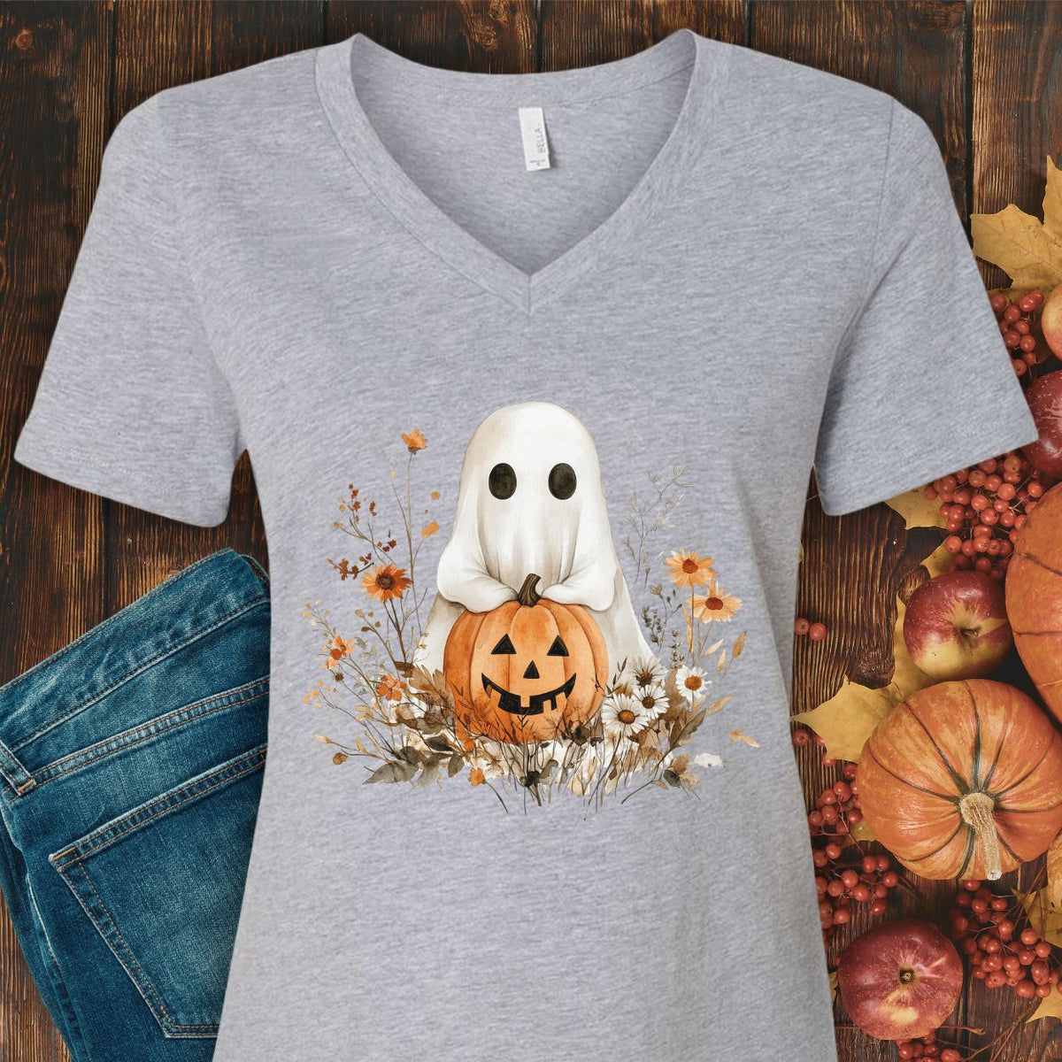Boho Ghost & Jack-O'-Lantern V-Neck Tee